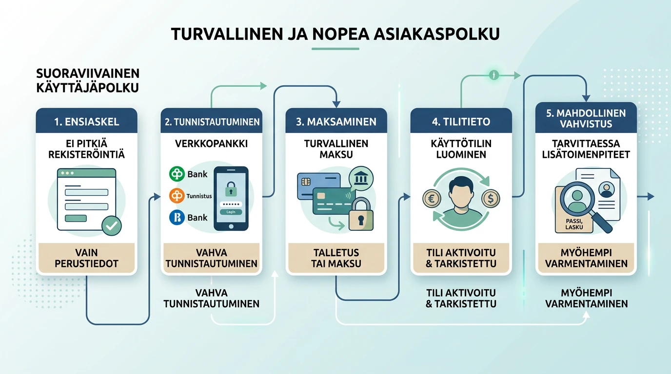 Kaavio rekisteröitymisen, maksun ja tunnistautumisen eroista